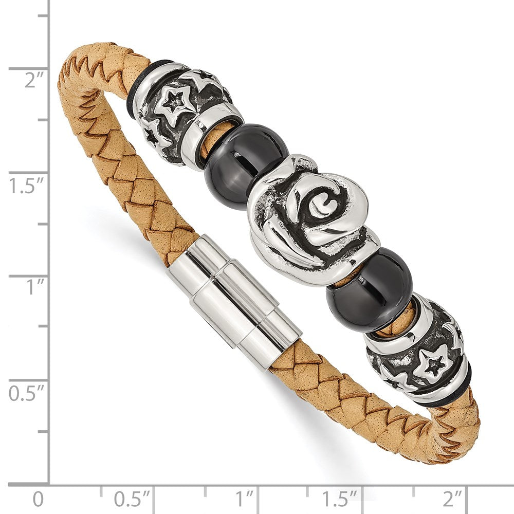 Stainless Steel Brushed & Polished Black IP Beads Leather 7.5in Bracelet