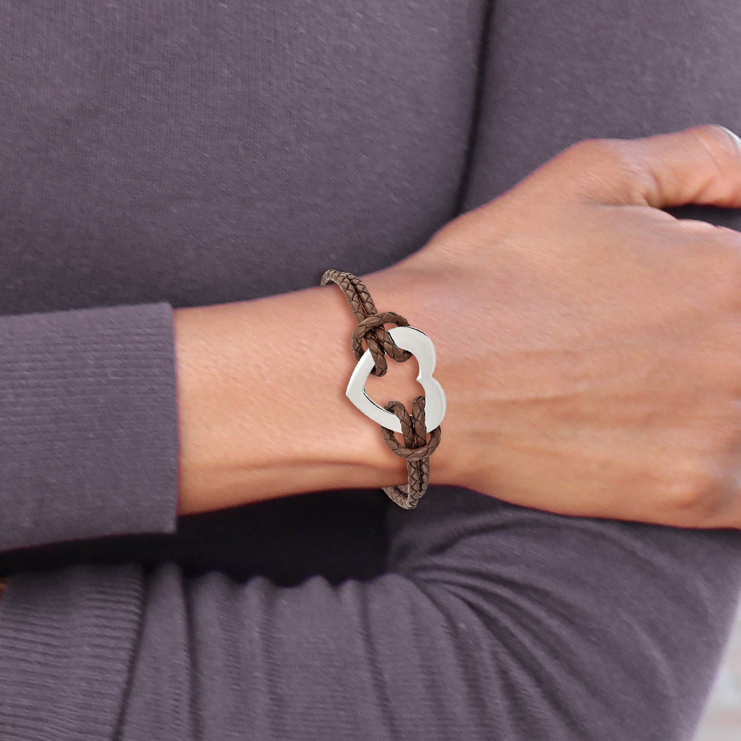 Chisel Stainless Steel Polished Heart Brown Braided Leather 7.5 inch Bracelet