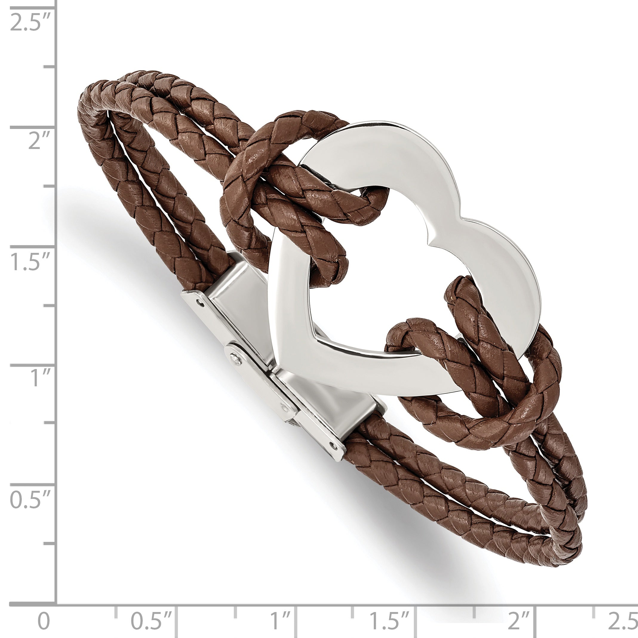 Chisel Stainless Steel Polished Heart Brown Braided Leather 7.5 inch Bracelet