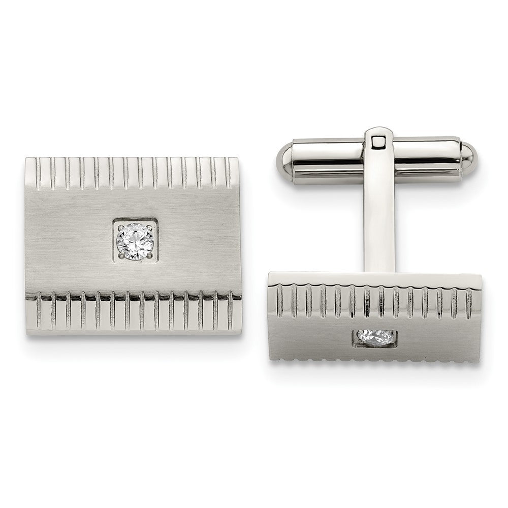 Stainless Steel Brushed Polished and Textured CZ Square Cufflinks