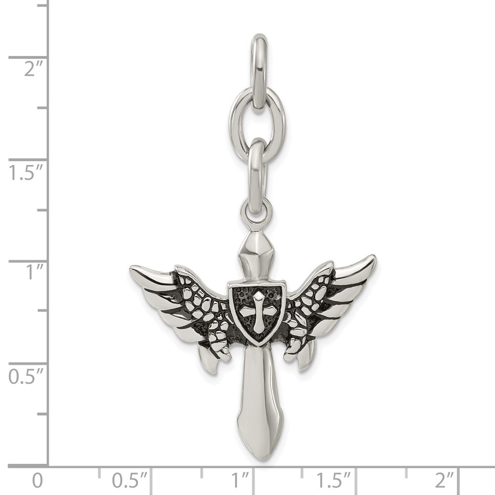 Stainless Steel Antiqued Wings w/ Cross Interchangeable Charm Pendant