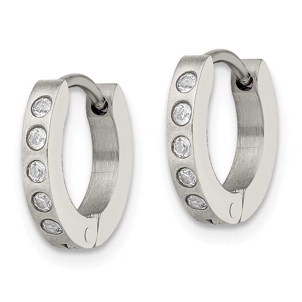 Chisel Stainless Steel Brushed and Polished with CZ 2mm Hinged Hoop Earrings