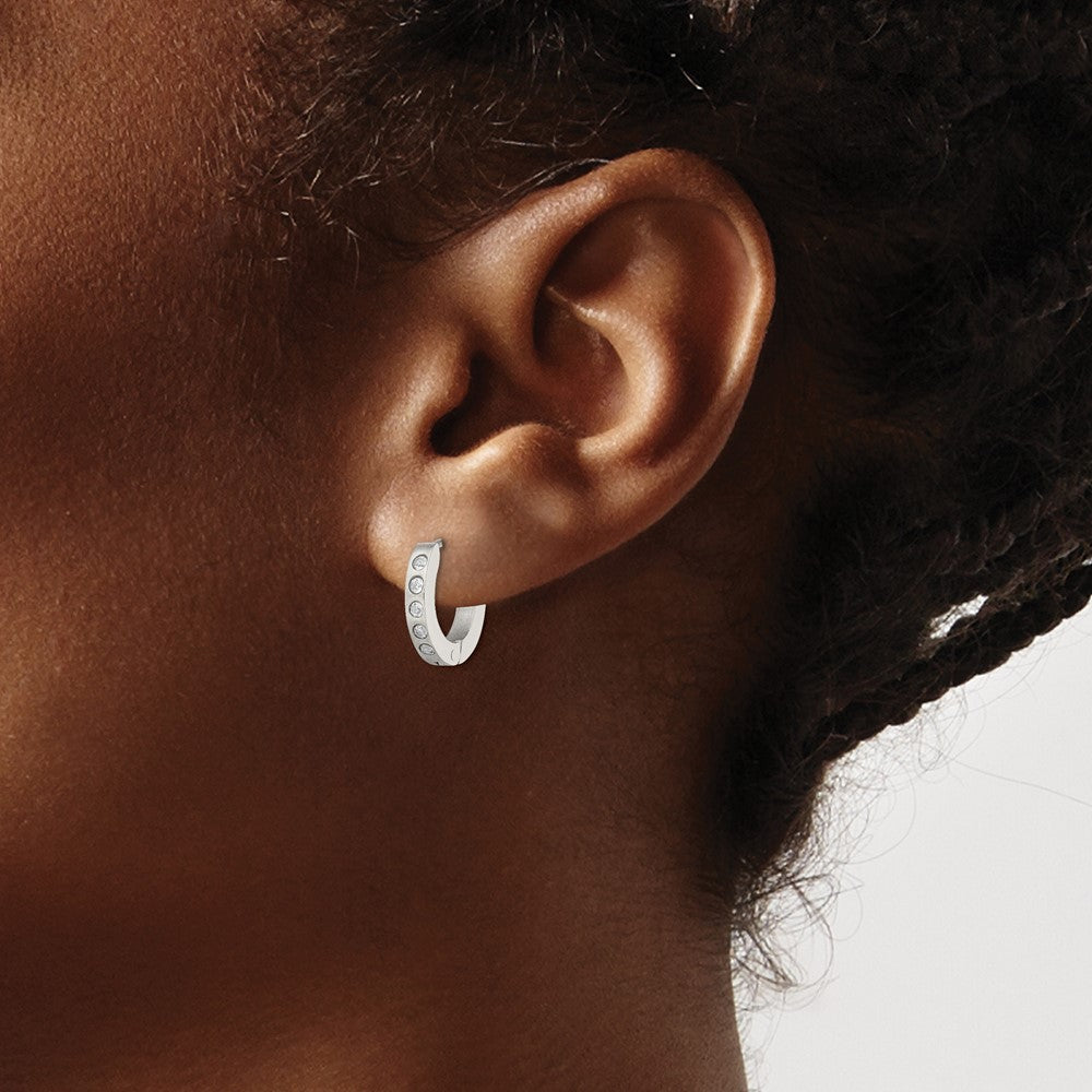 Chisel Stainless Steel Brushed and Polished with CZ 2mm Hinged Hoop Earrings