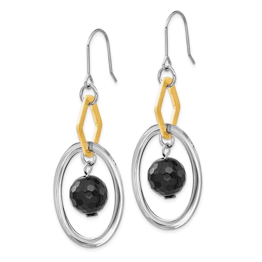 Stainless Steel & Yellow IP-plated Polished & Brushed Onyx Dangle Earrings