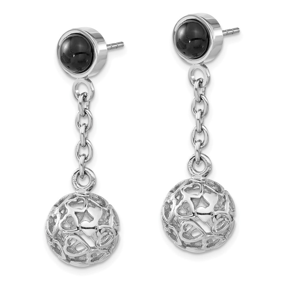 Stainless Steel Heart Cutouts Puffed Circle w/ Onyx Post Dangle Earrings
