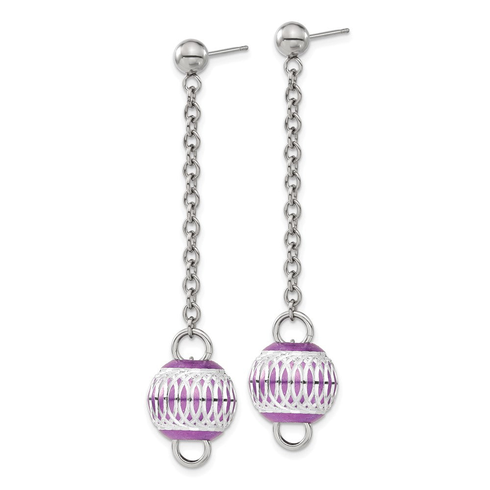Stainless Steel Purple IP-plated Diamond-cut Bead Post Dangle Earrings