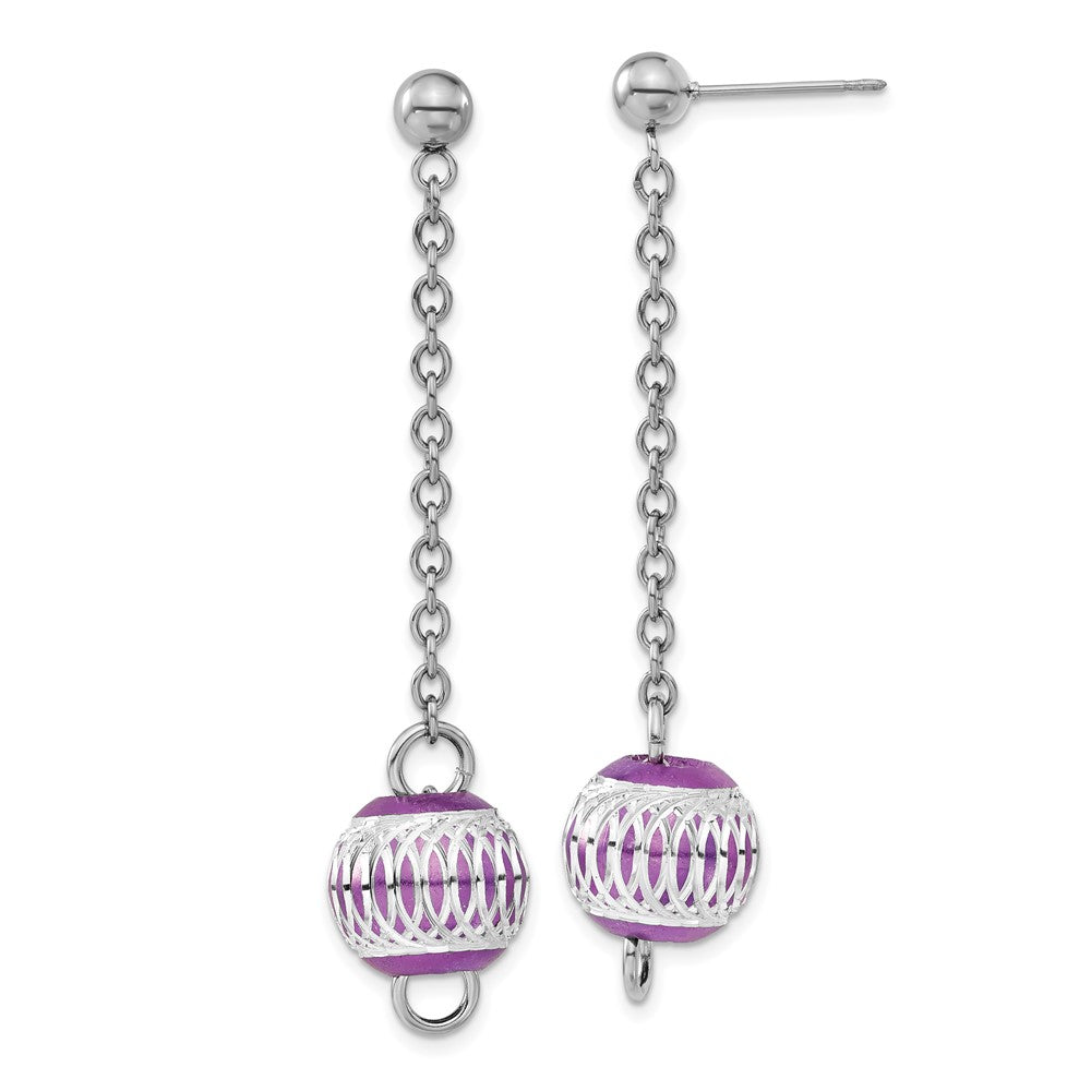 Stainless Steel Purple IP-plated Diamond-cut Bead Post Dangle Earrings