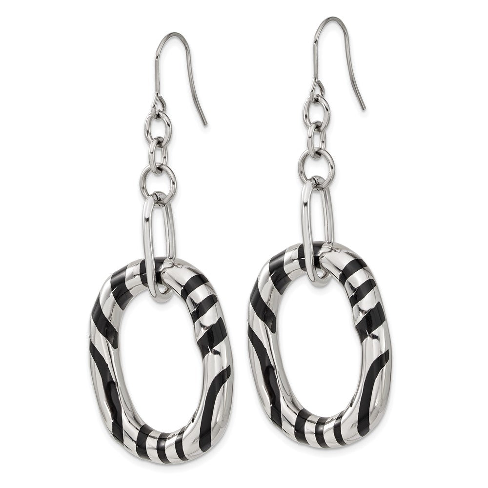 Stainless Steel Black Enamel Striped Oval Dangle Earrings