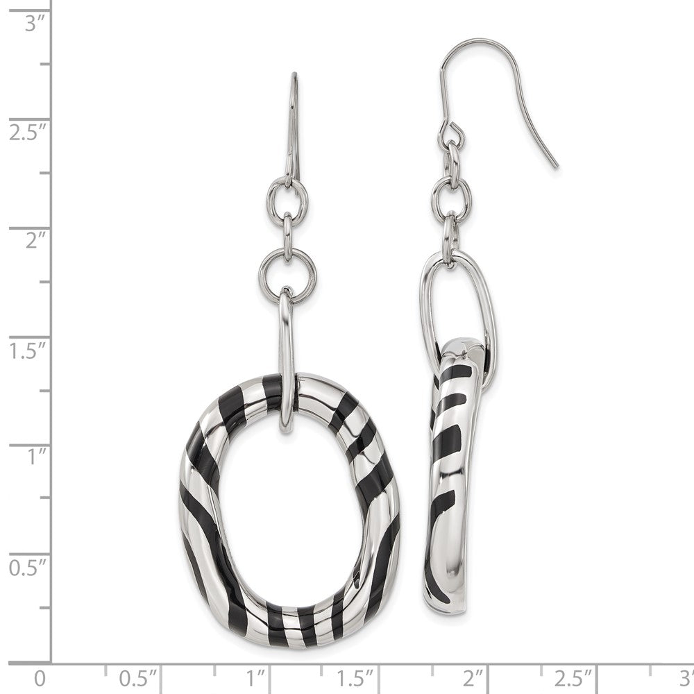 Stainless Steel Black Enamel Striped Oval Dangle Earrings