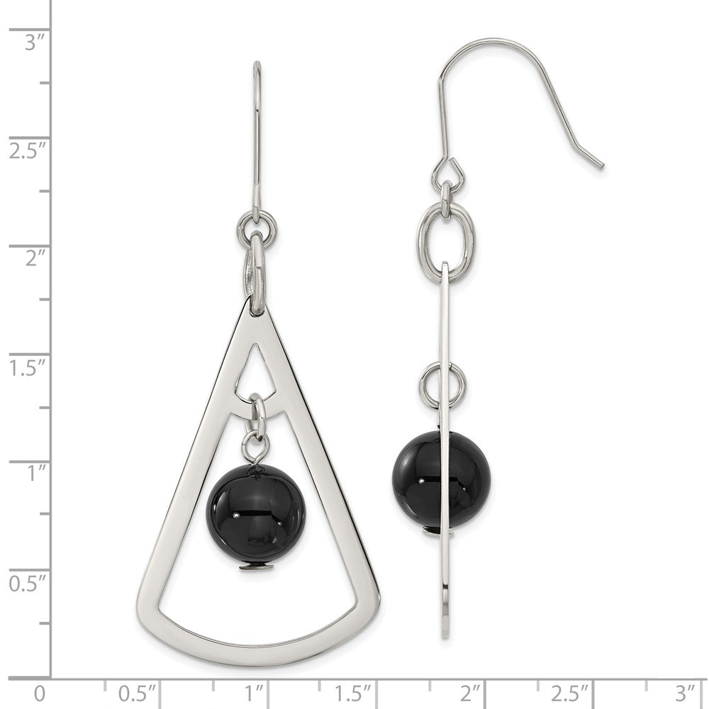 Stainless Steel Triangle & Onyx Dangle Shepherd Hook Earrings