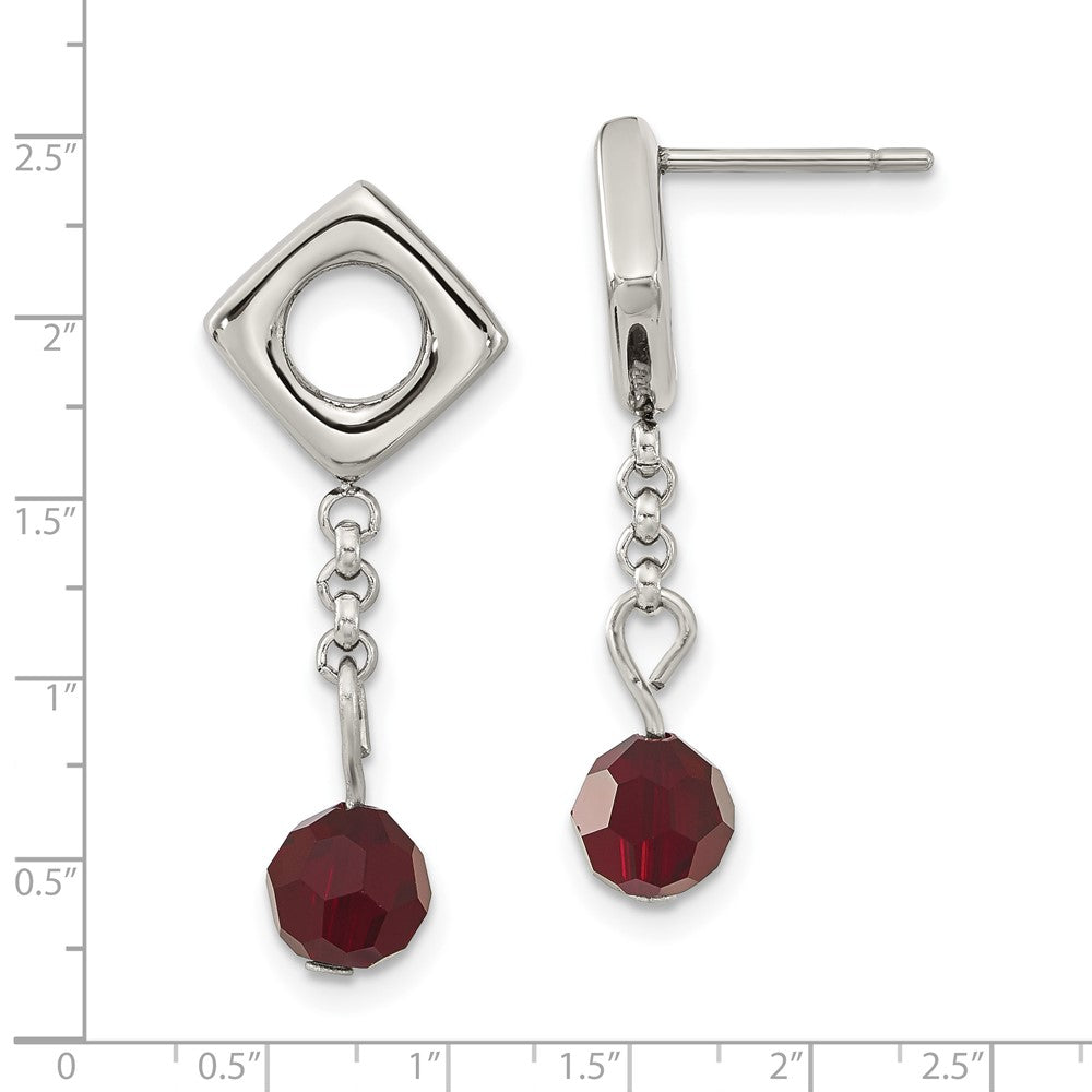 Stainless Steel Red Swarovski Crystal Post Dangle Earrings
