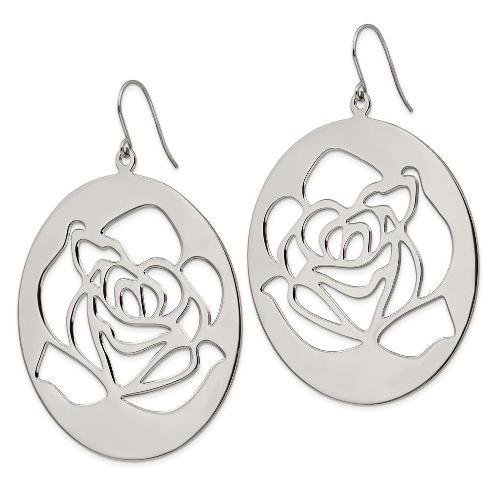 Stainless Steel Polished Rose Cut out Dangle Shepherd Hook Earrings