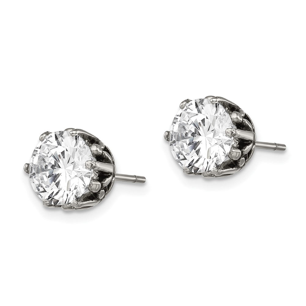 Chisel Stainless Steel Antiqued and Polished Round CZ Post Earrings