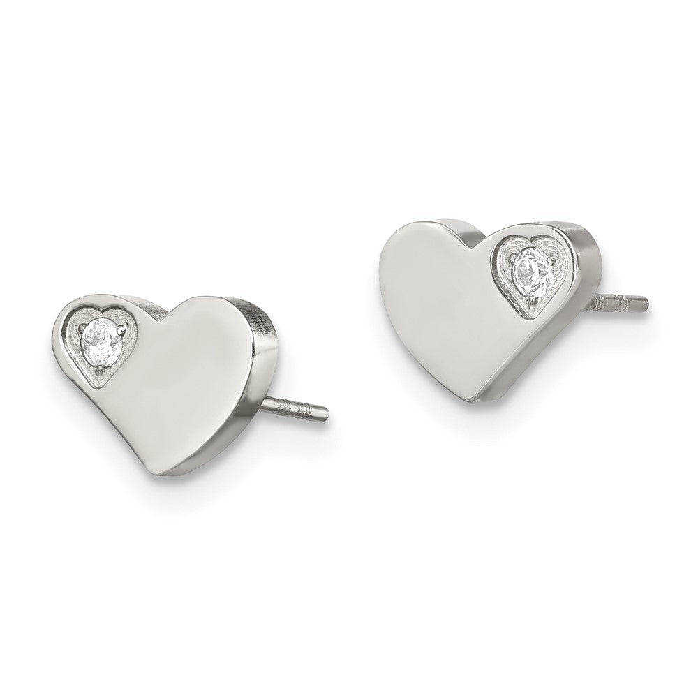 Chisel Stainless Steel Polished with CZ Heart Post Earrings