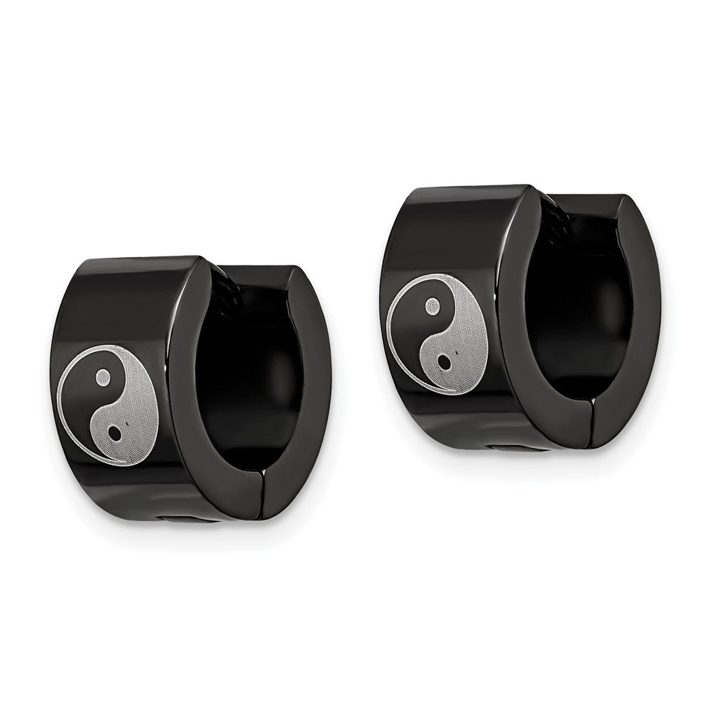 Chisel Stainless Steel Polished Black IP-plated 7mm Hinged Hoop w/Yin Yang Earrings