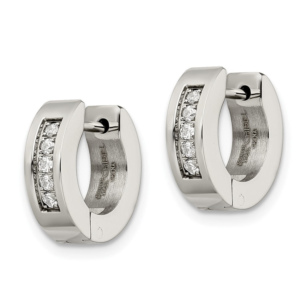 Chisel Stainless Steel Polished with CZ 4mm Hinged Hoop Earrings