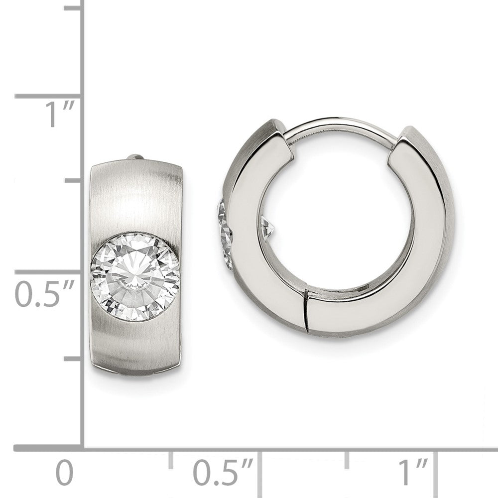 Chisel Stainless Steel Brushed and Polished with CZ Round 7mm Hinged Hoop Earrings
