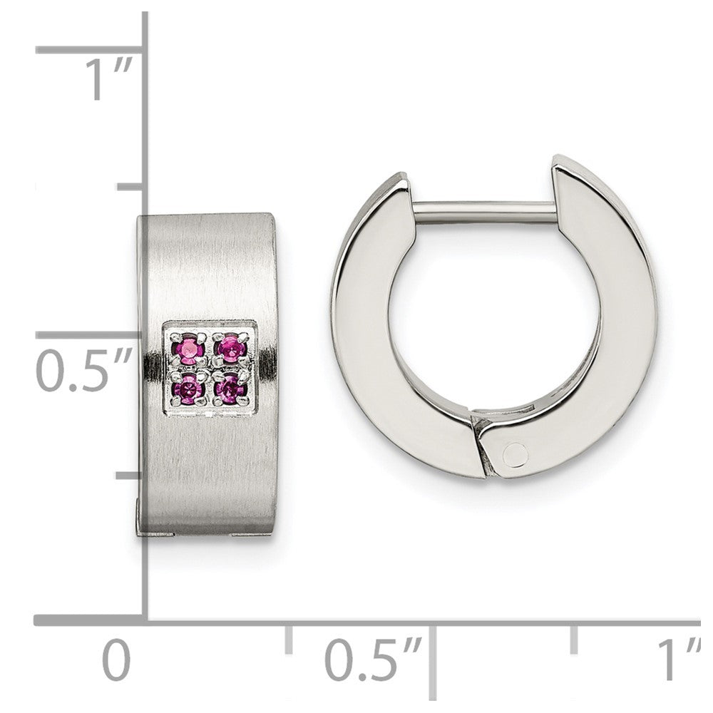 Chisel Stainless Steel Brushed and Polished with Pink CZ 5mm Hinged Hoop Earrings