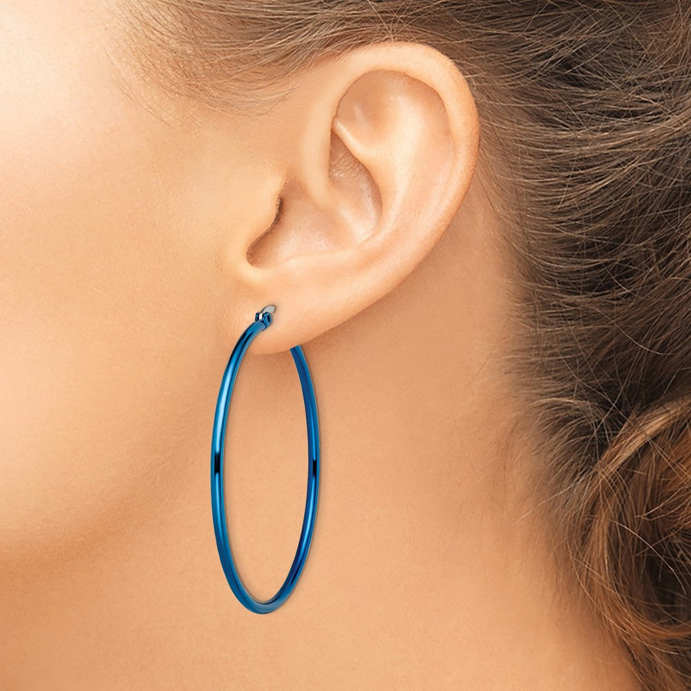 Chisel Stainless Steel Polished Blue IP-plated 49.5mm Diameter 2mm Hoop Earrings