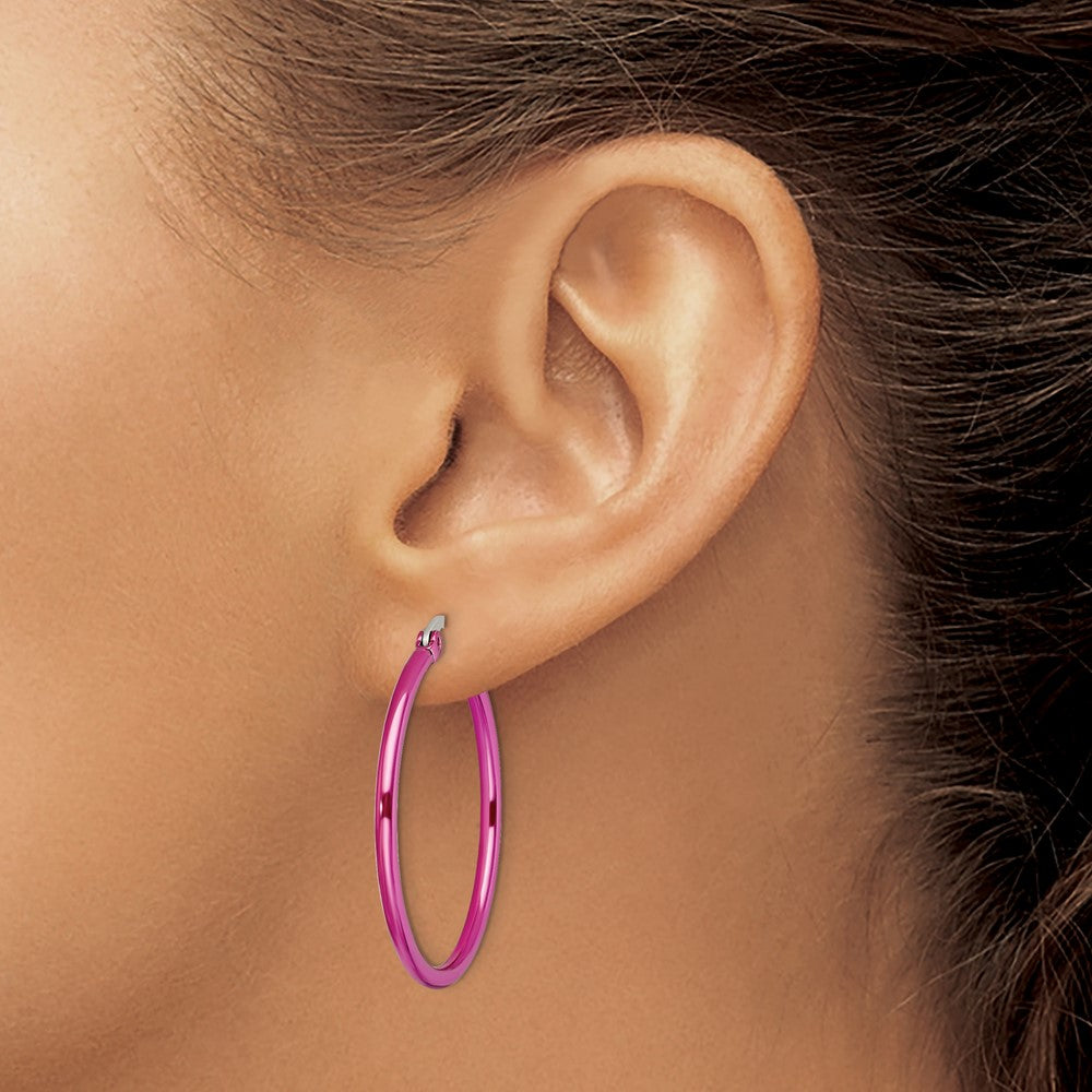 Chisel Stainless Steel Polished Pink IP-plated 32mm Diameter 2mm Hoop Earrings