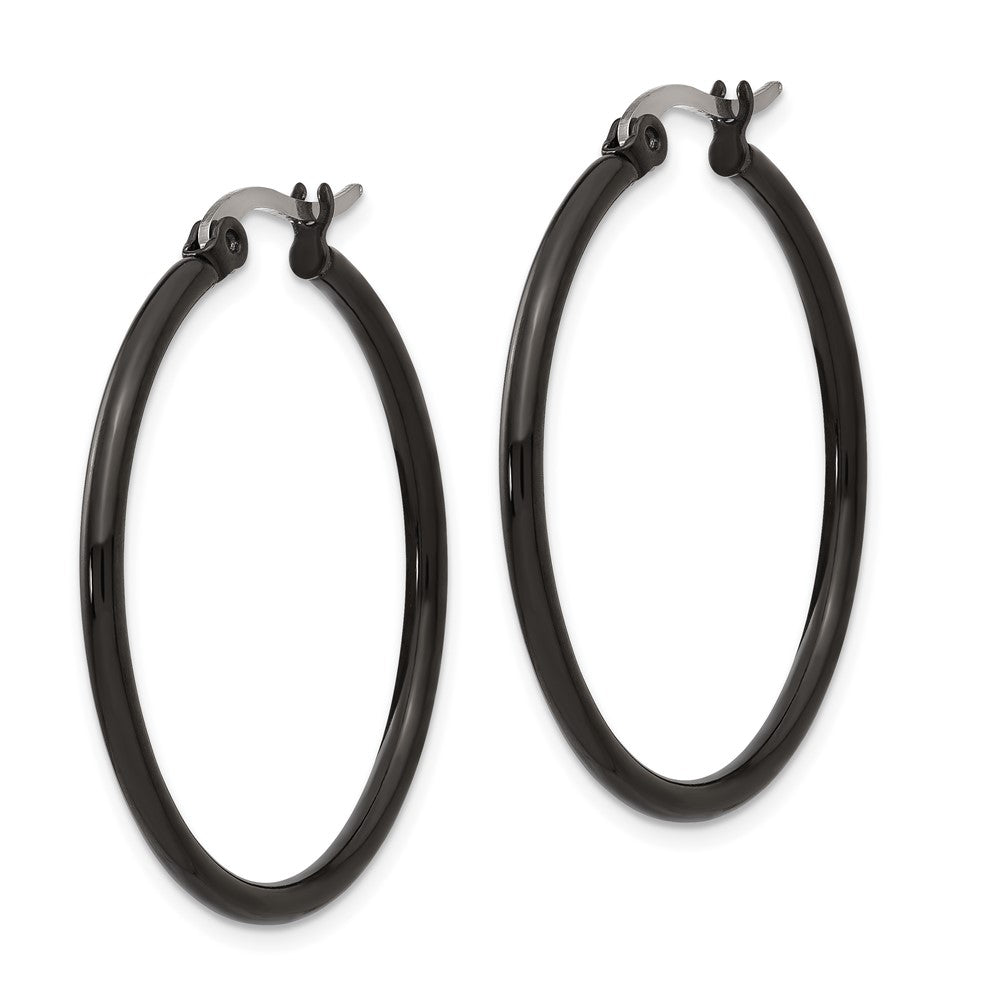 Chisel Stainless Steel Polished Black IP-plated 32mm Diameter 2mm Hoop Earrings