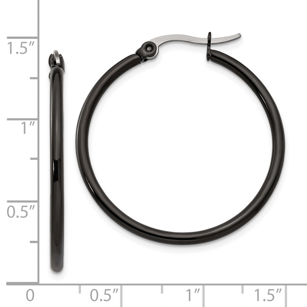 Chisel Stainless Steel Polished Black IP-plated 32mm Diameter 2mm Hoop Earrings