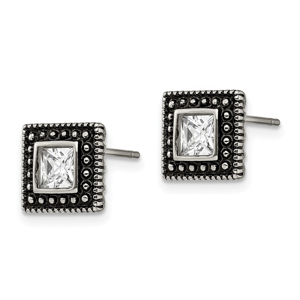 Chisel Stainless Steel Antiqued and Polished CZ Square Post Earrings