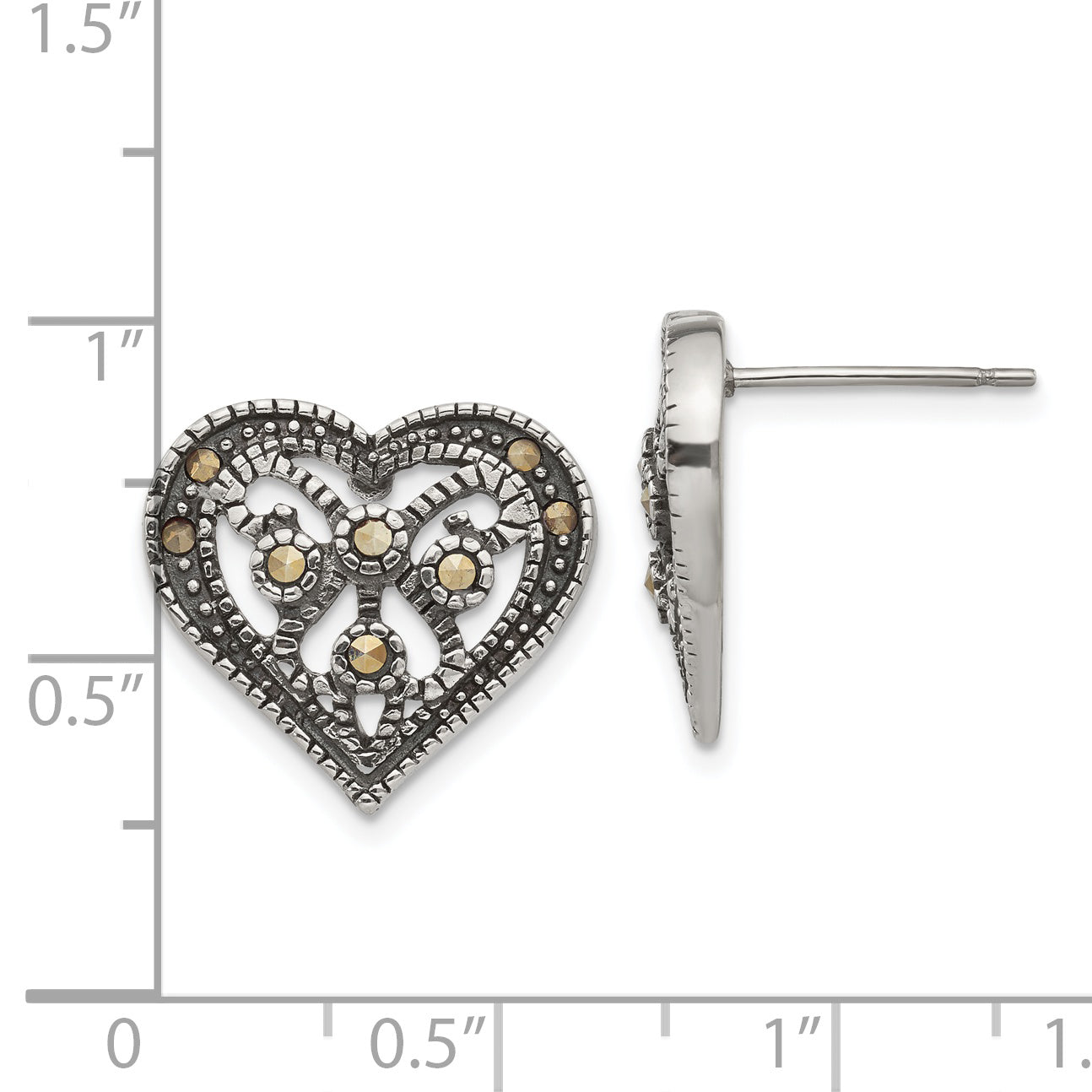Stainless Steel Antiqued Polished & Textured Marcasite Heart Post Earrings