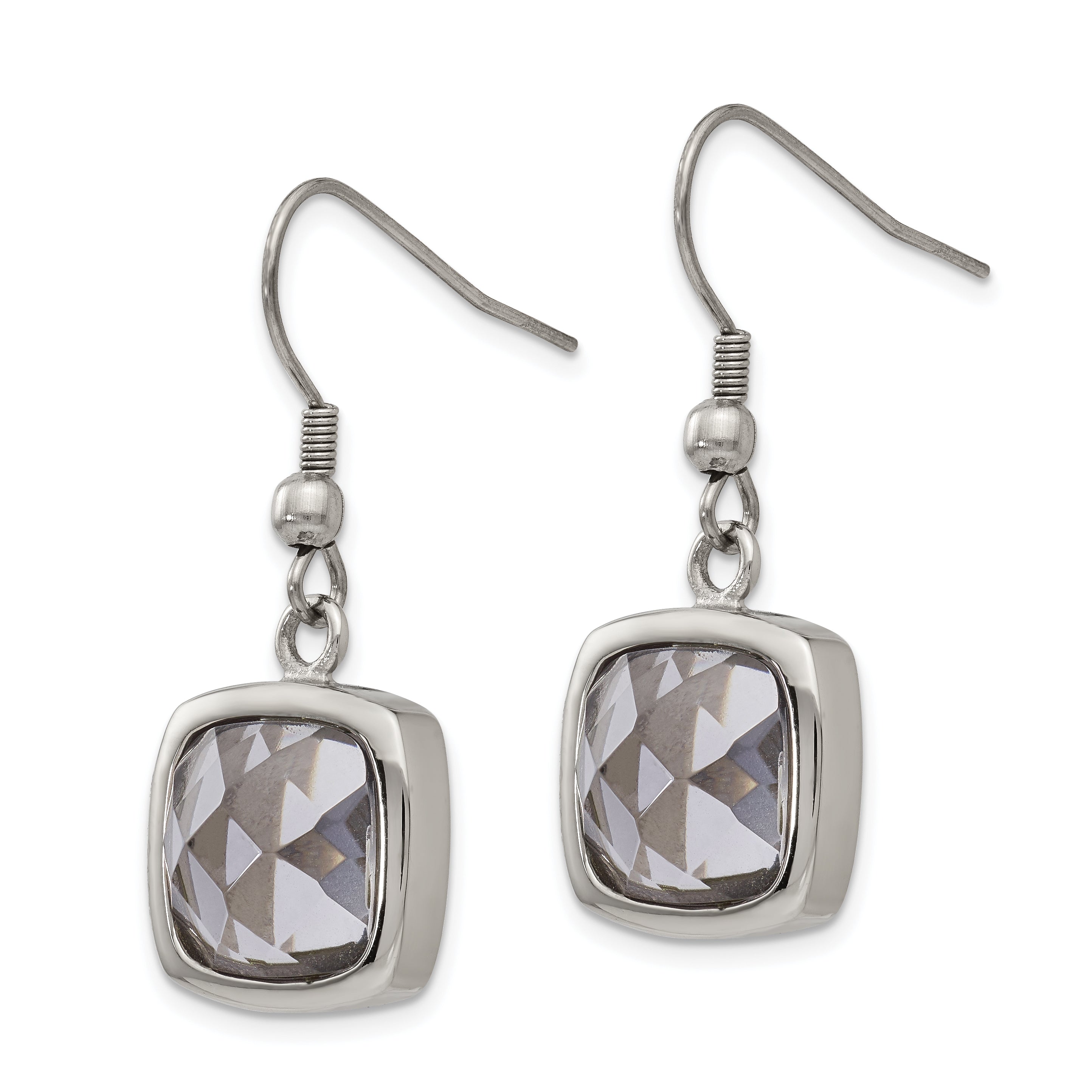 Chisel Stainless Steel Polished Square Grey Glass Dangle Shepherd Hook Earrings