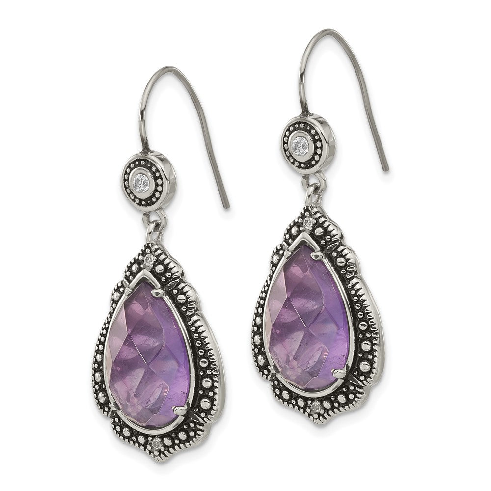 Stainless Steel Polished & Antiqued Purple & Clear CZ Dangle Earrings