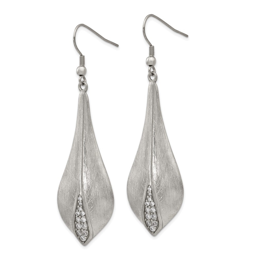 Stainless Steel Brushed and Polished CZ Dangle Shepherd Hook Earrings