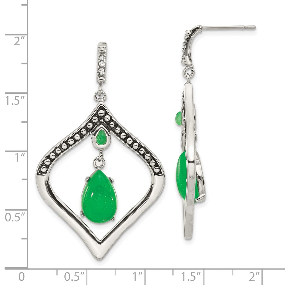 Stainless Steel Polished/Antiqued Syn. Dyed Jade & CZ Post Dangle Earrings