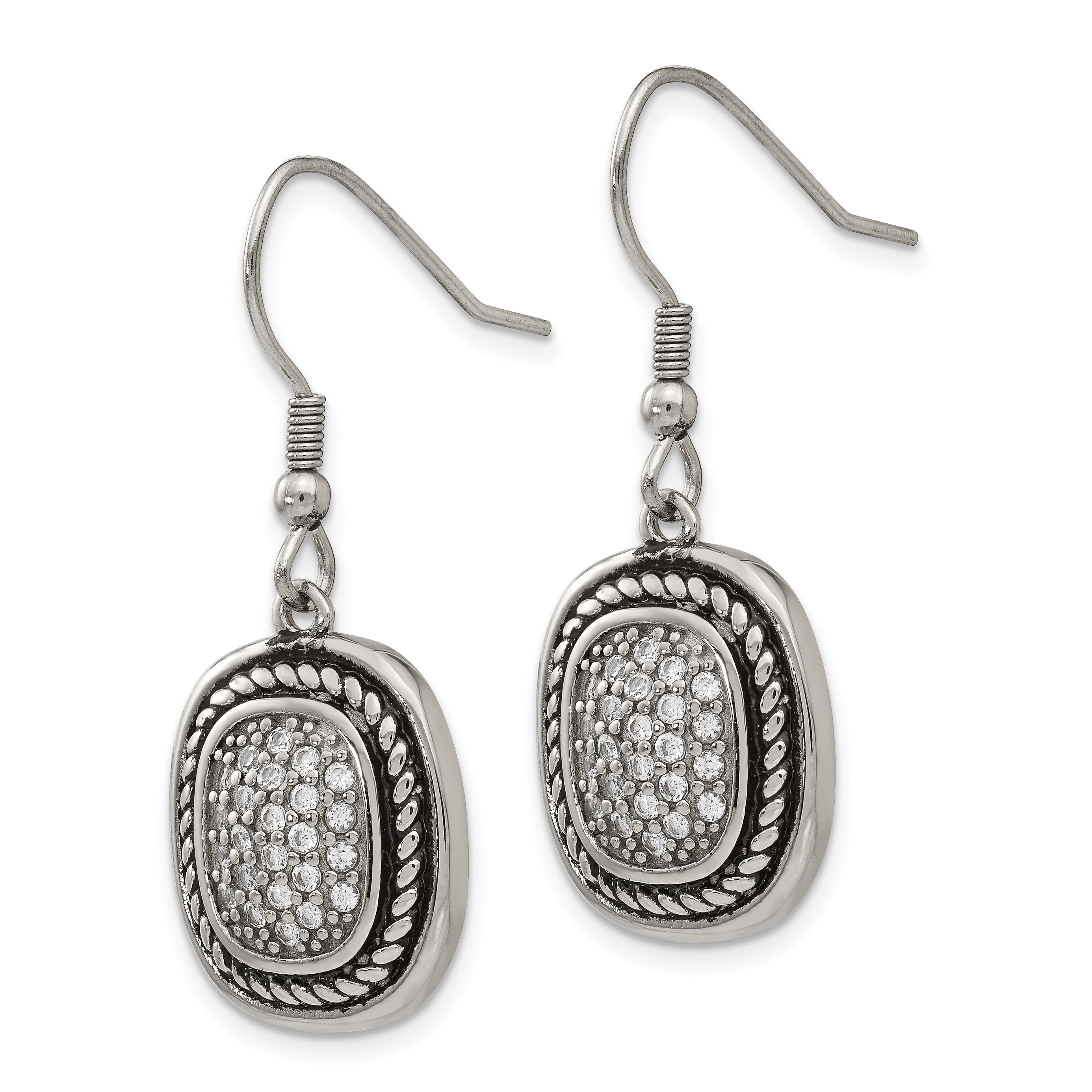 Chisel Stainless Steel Antiqued and Polished with CZ Dangle Shepherd Hook Earrings