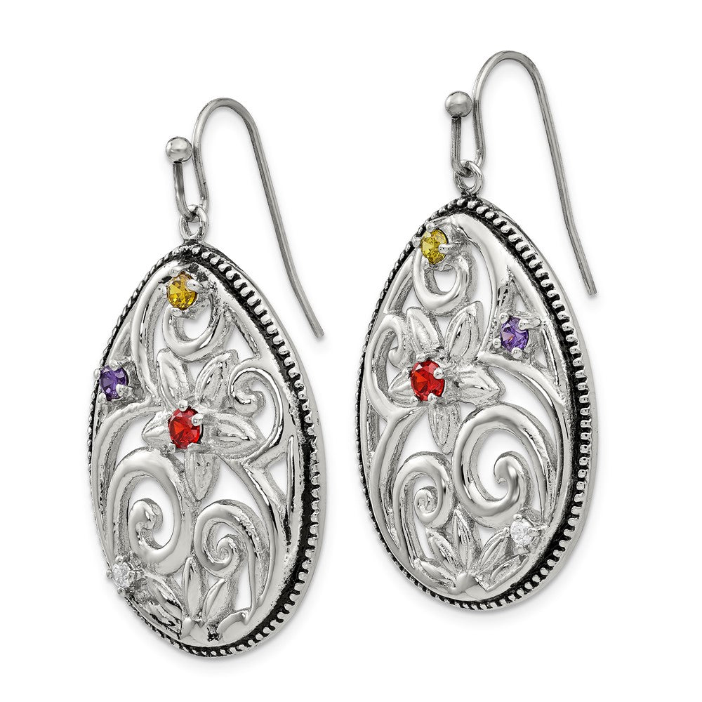 Chisel Stainless Steel Antiqued and Polished with Multicolor CZ Dangle Shepherd Hook Earrings