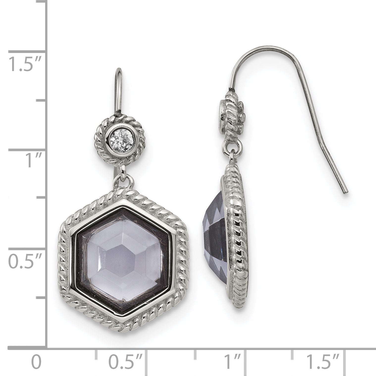 Chisel Stainless Steel Antiqued and Polished with Grey Glass and CZ Shepherd Hook Earrings