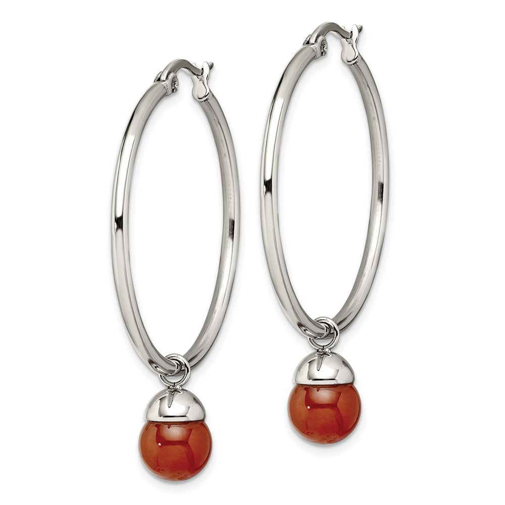 Chisel Stainless Steel Polished with Red Agate Dangle Hoop Earrings