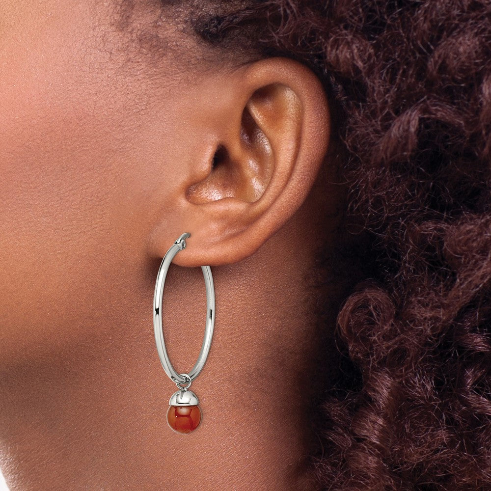 Chisel Stainless Steel Polished with Red Agate Dangle Hoop Earrings