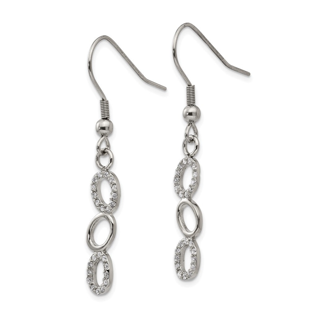 Stainless Steel Polished w/CZ Oval Dangle Shepherd Hook Earrings