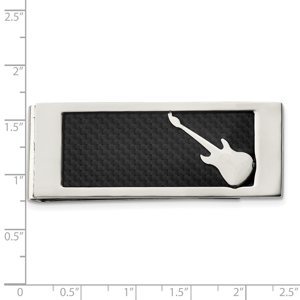 Chisel Stainless Steel Polished Black Carbon Fiber Inlay Guitar Money Clip