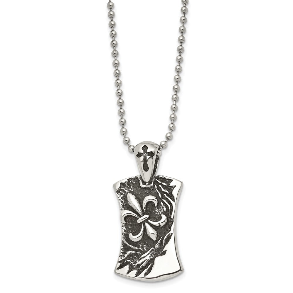 Chisel Stainless Steel Antiqued and Polished Fleur de lis Dog Tag on a 22 inch Ball Chain Necklace