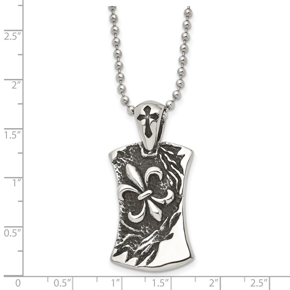 Chisel Stainless Steel Antiqued and Polished Fleur de lis Dog Tag on a 22 inch Ball Chain Necklace
