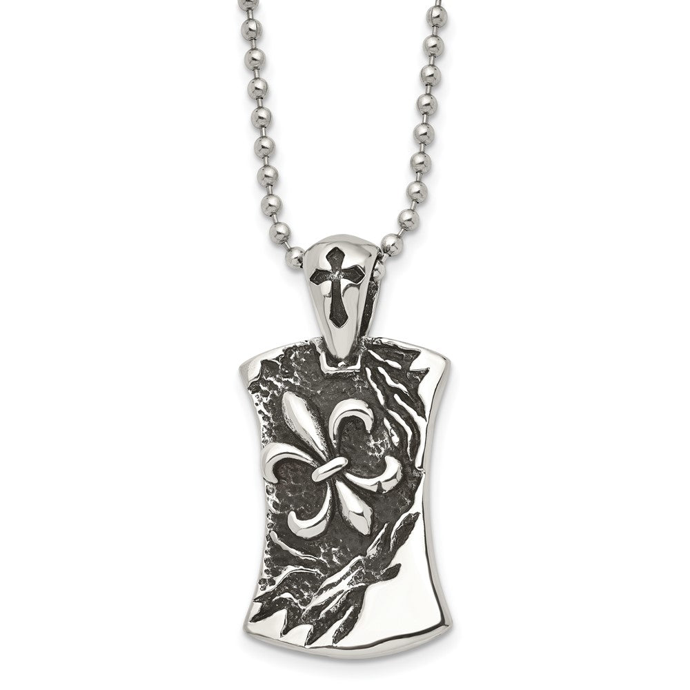 Chisel Stainless Steel Antiqued and Polished Fleur de lis Dog Tag on a 22 inch Ball Chain Necklace