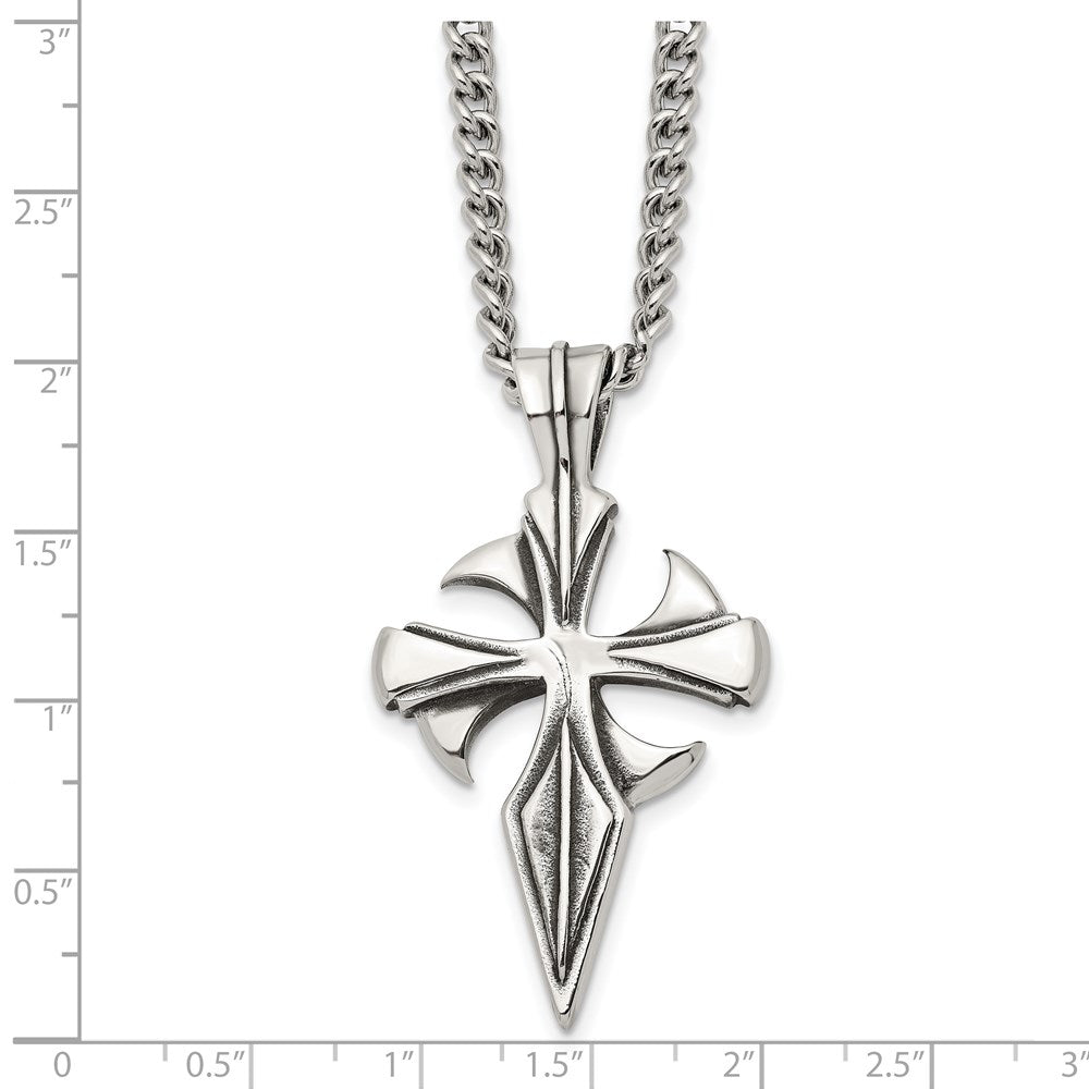 Chisel Stainless Steel Antiqued and Polished Dagger Cross Pendant on a 22 inch Curb Chain Necklace