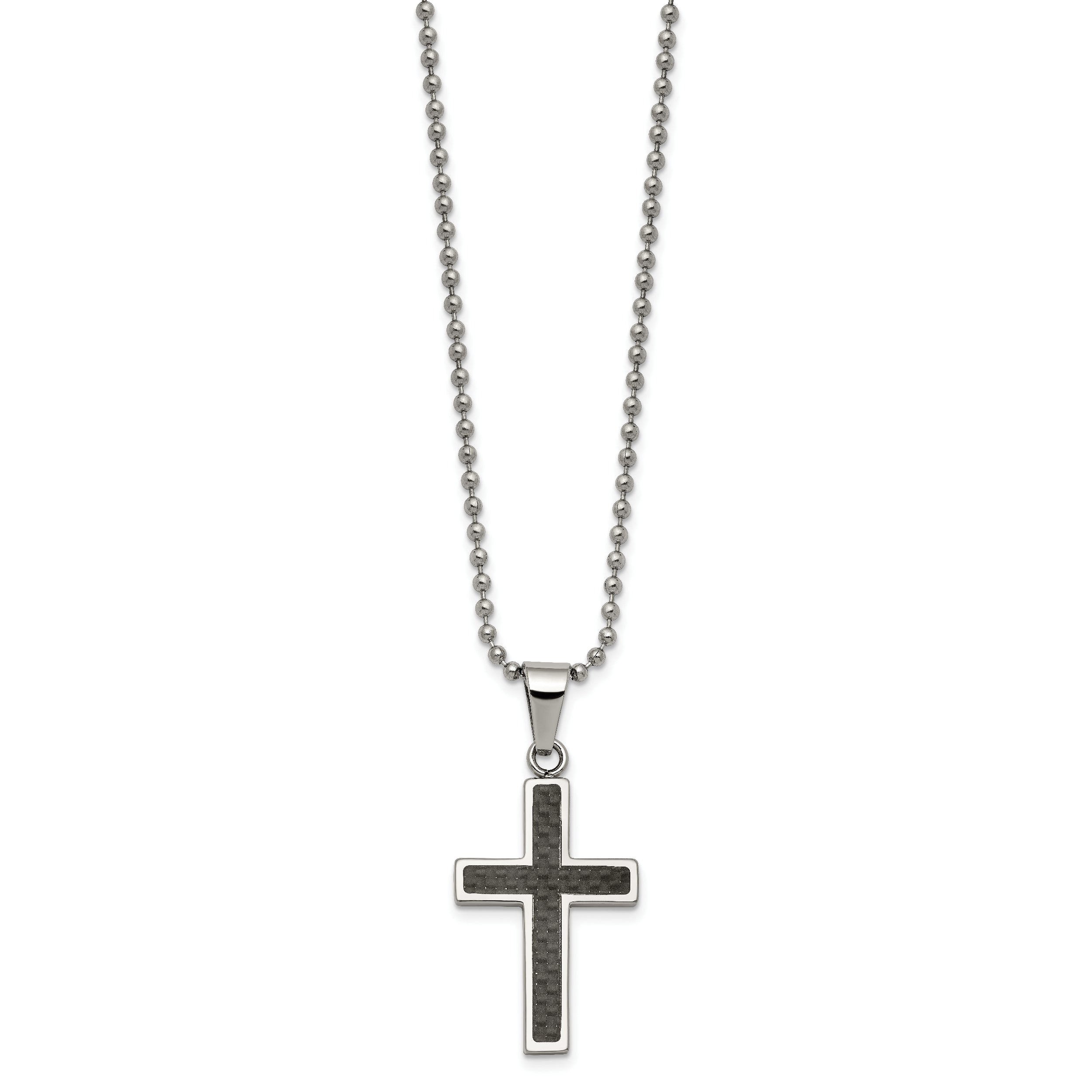 Chisel Stainless Steel Polished with Black Carbon Fiber Inlay Cross Pendant on a 22 inch Ball Chain Necklace