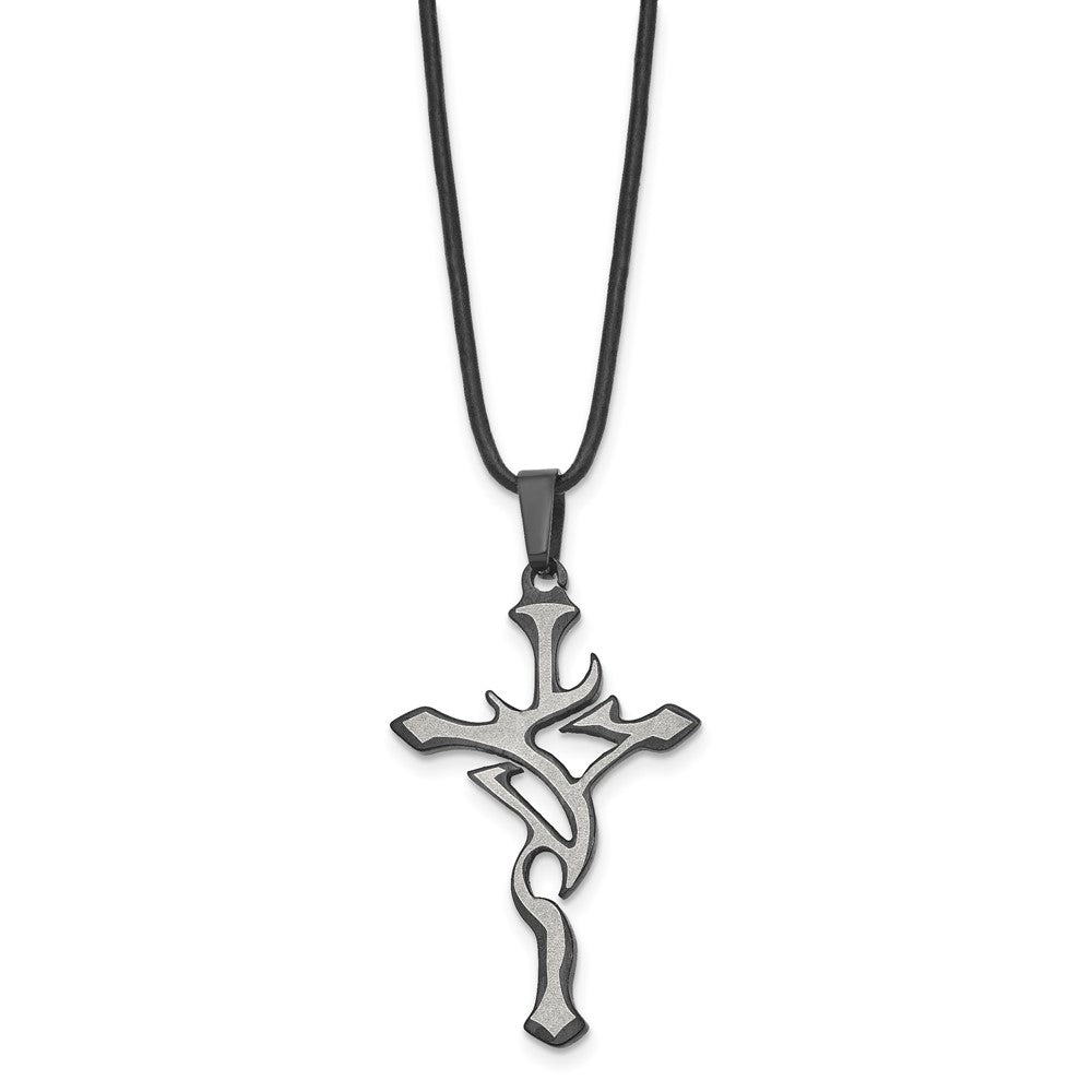 Chisel Stainless Steel Brushed and Polished Black IP-plated Cross Pendant on an 18 inch Leather Cord Necklace