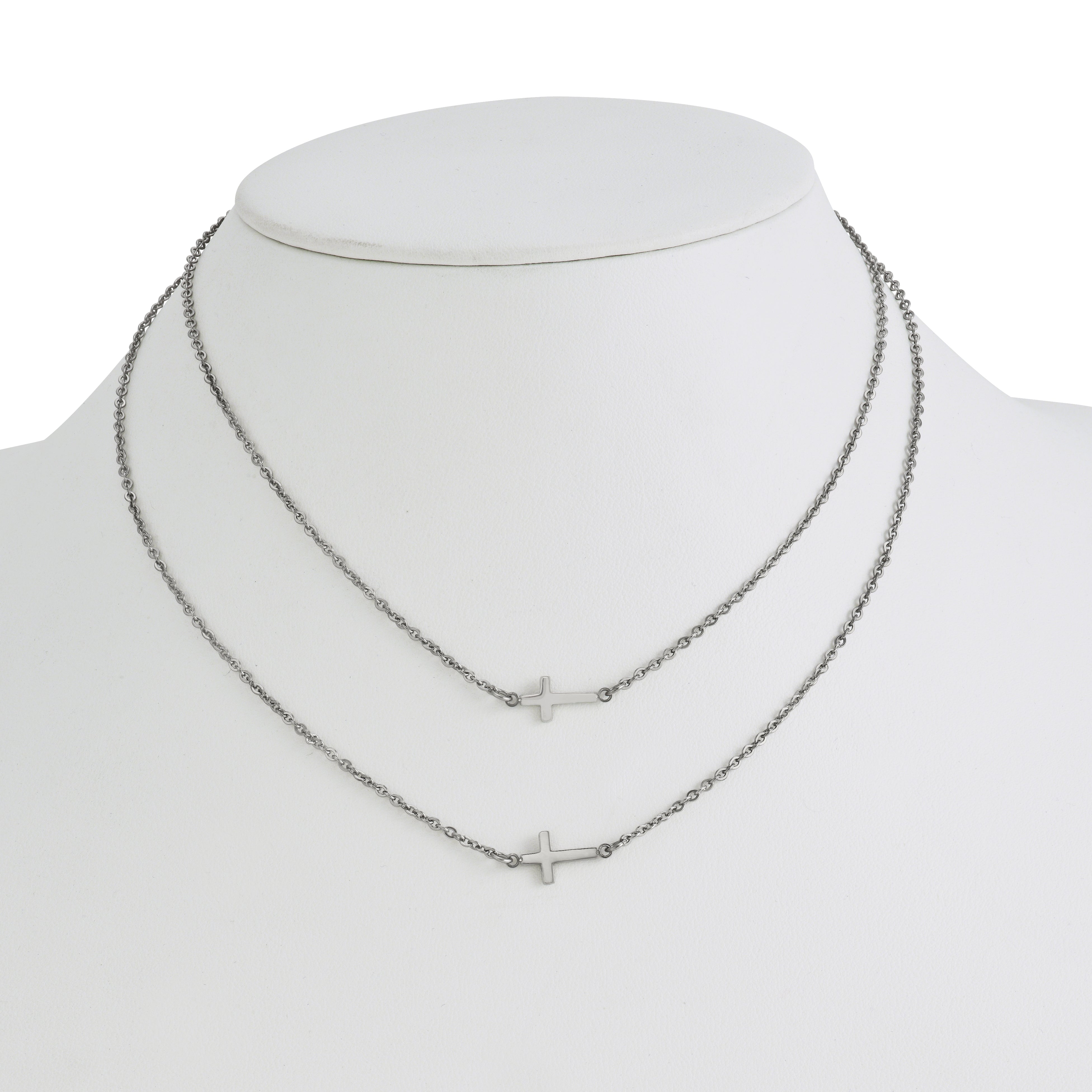 Chisel Stainless Steel Polished Double Sideways Crosses on Layered 16.5 inch Cable Chain Necklace