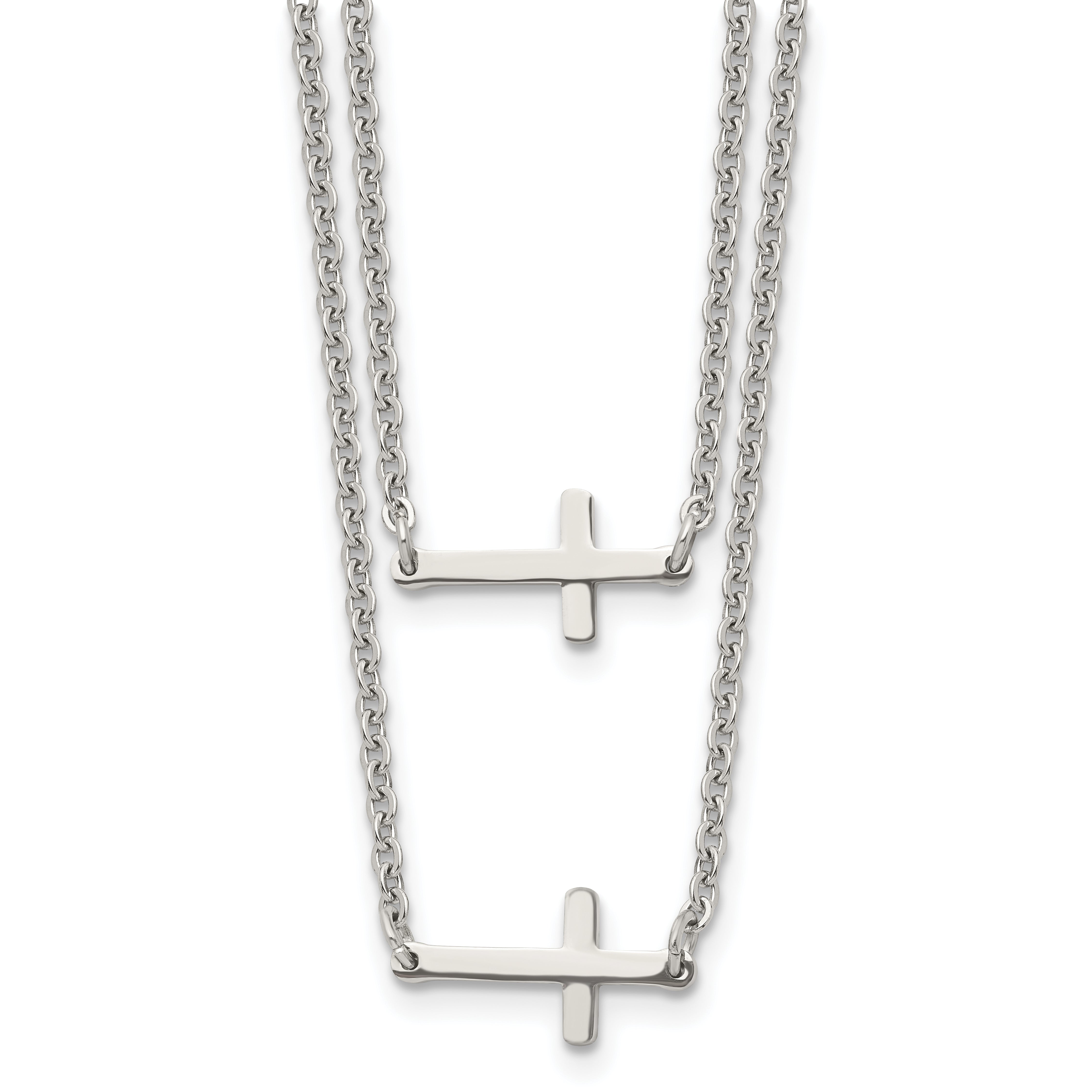 Chisel Stainless Steel Polished Double Sideways Crosses on Layered 16.5 inch Cable Chain Necklace