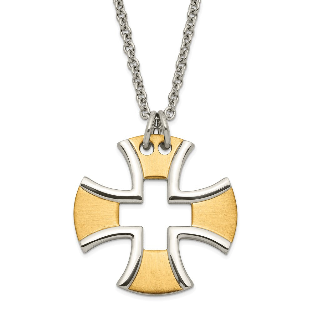 Stainless Steel & Yellow IP-plated Polished & Satin Cross Necklace