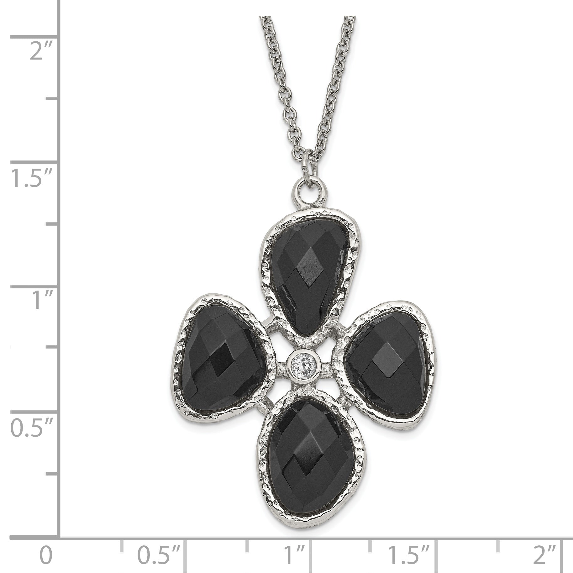Stainless Steel Fancy CZ and Black Onyx Textured Necklace
