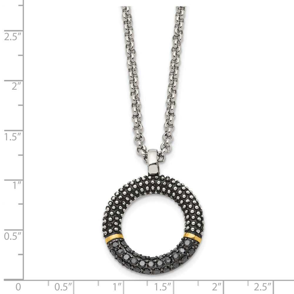 Stainless Steel Antiqued & Polished Yellow IP w/Black CZ 18in Necklace